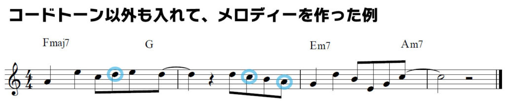 解説用楽譜：コードトーン以外も入れて、メロディーを作った例