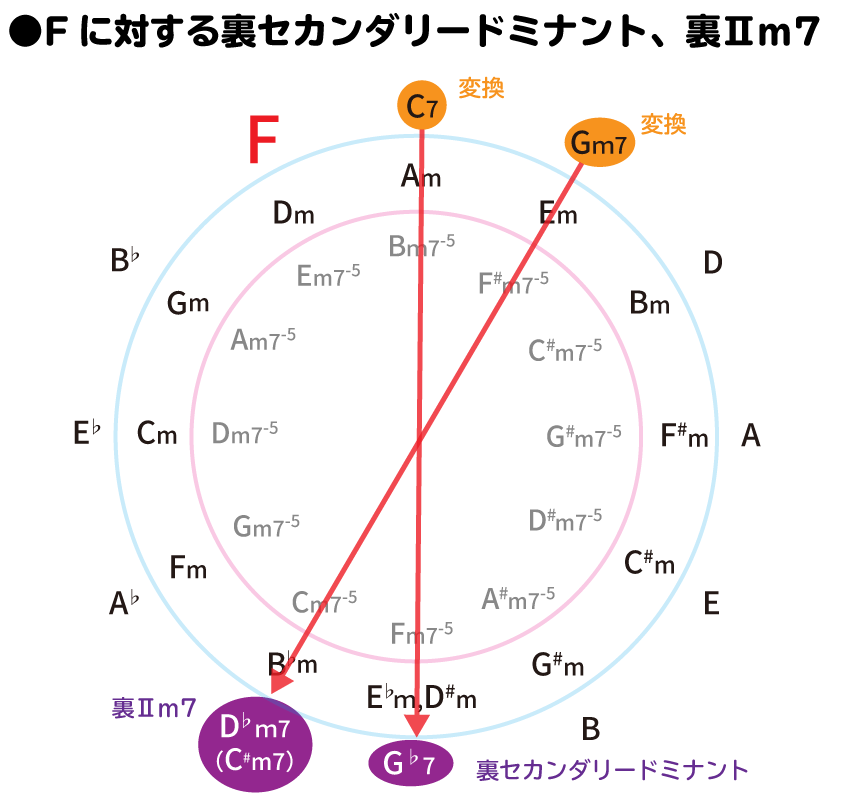 Fに対する裏セカンダリードミナント、裏Ⅱm7を、五度圏表を用いて説明した図：Cの裏コードはG♭7、Gm7の裏コードはD♭m7