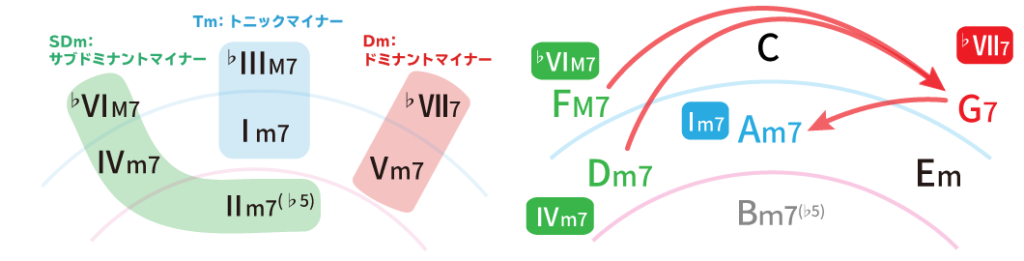 五度圏表：FM7→G7→Am7・Dm7→G7→Am7（♭ⅥM7→♭Ⅶ7→Ⅰm7・Ⅳm7→♭Ⅶ7→Ⅰm7）