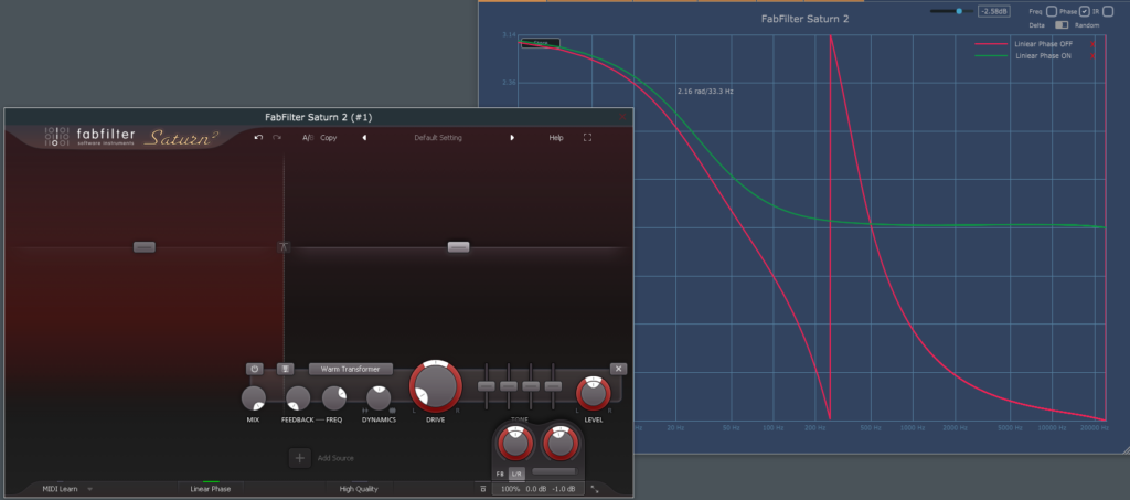 Fabfilter Saturn2：LinearPhaseボタンの効果