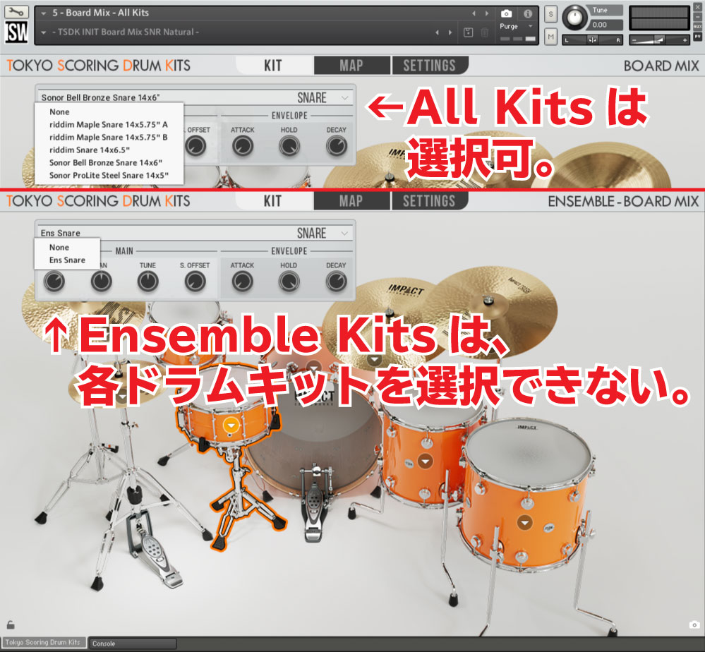 All Kitsは選択可。Ensemble Kitsは、各ドラムキットを選択できない。